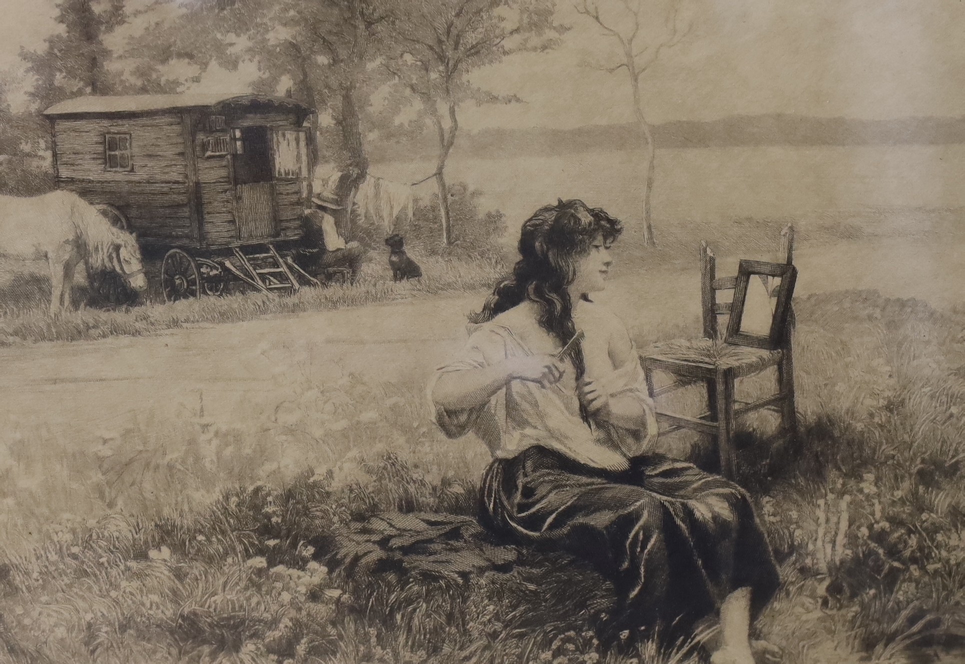 After Leon Lhermitte, etching, Haymaking, overall 60 x 43cm and two smaller prints after Yeend King and Debat-Ponson